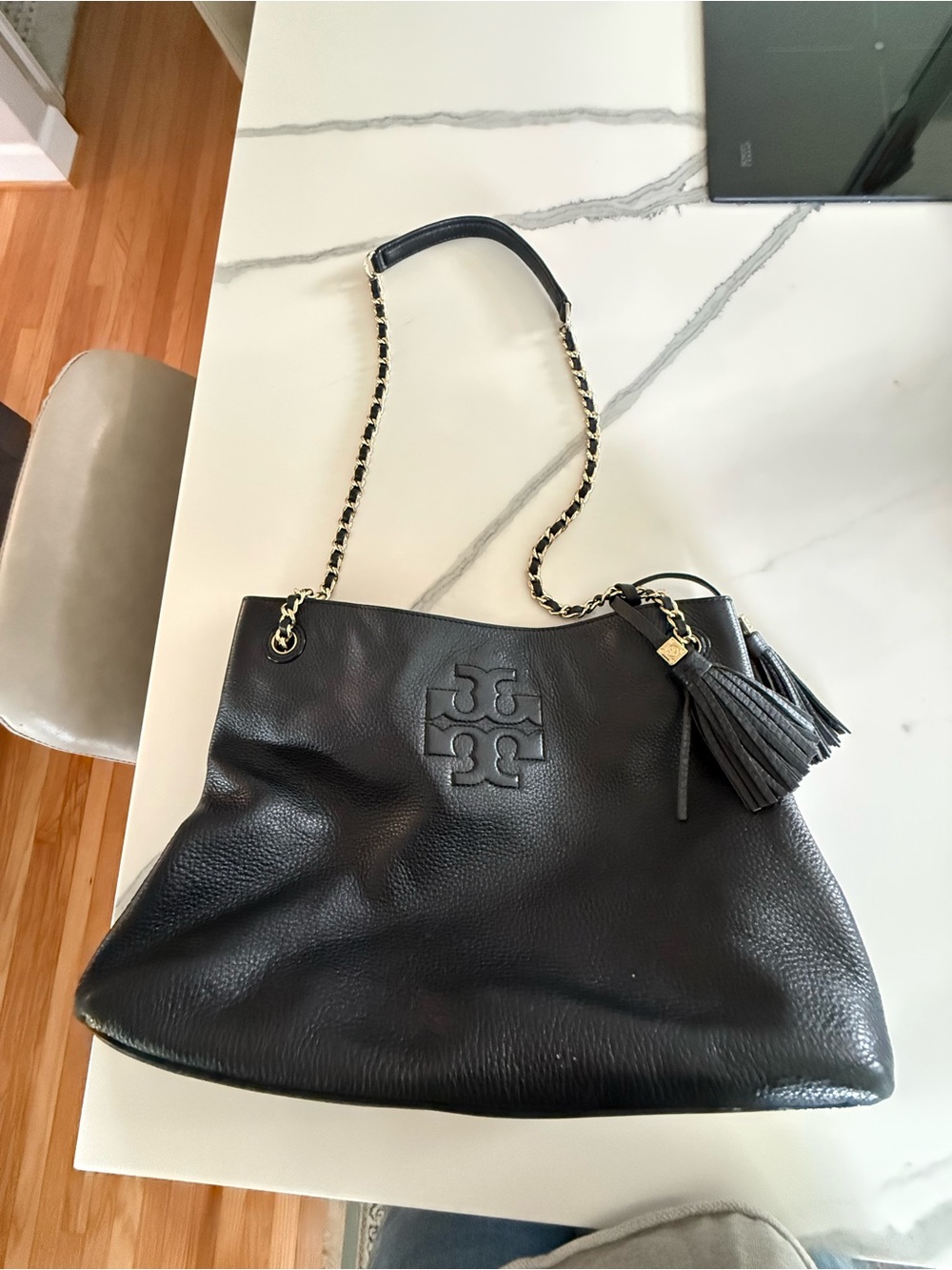 Tory Burch Black Pebbled Leather Chain-Shoulder Tote with Tassel